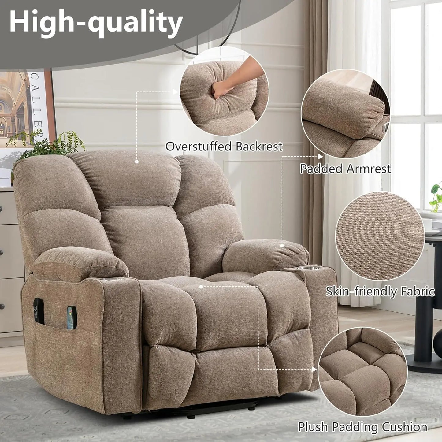 EBELLO Oversized Power Lift Recliner Chair for Elderly, Electric Recliner Chair with Massage and Heating with USB Port