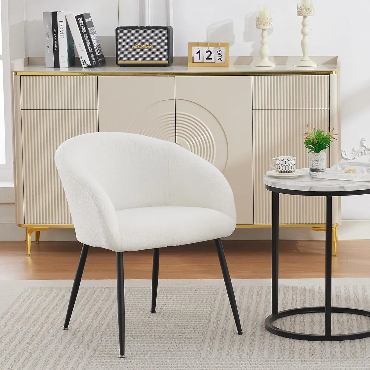 Modern Small Accent Chair, Comfy Sherpa Makeup Vanity Chair with Metal Legs, Decorative Chair no Wheels for Living, Customized