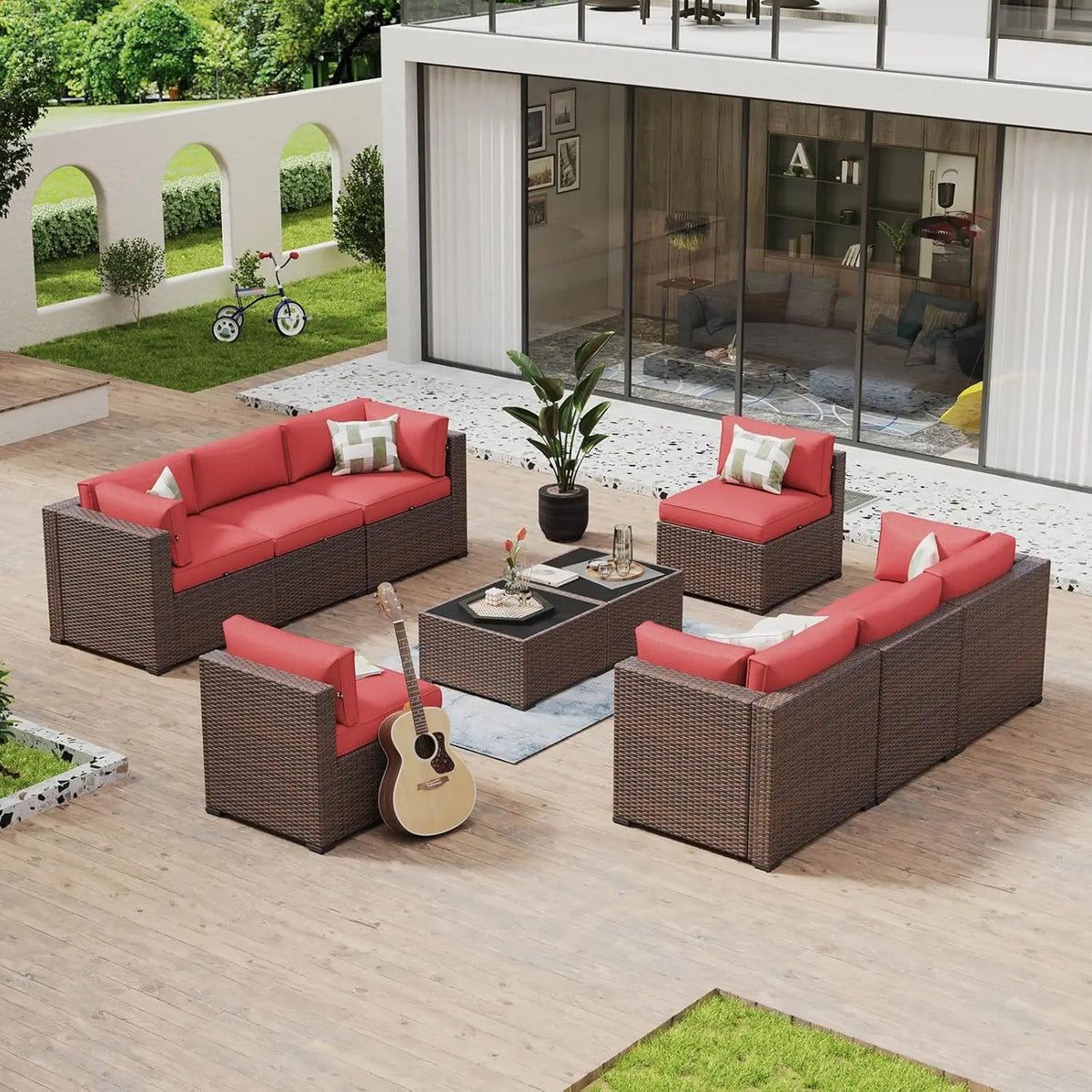 8 Piece Patio Furniture Set with 44” Fire Pit Table Rattan Outdoor Sectional Sofa Set with Coffee Table and Thickened Cushions
