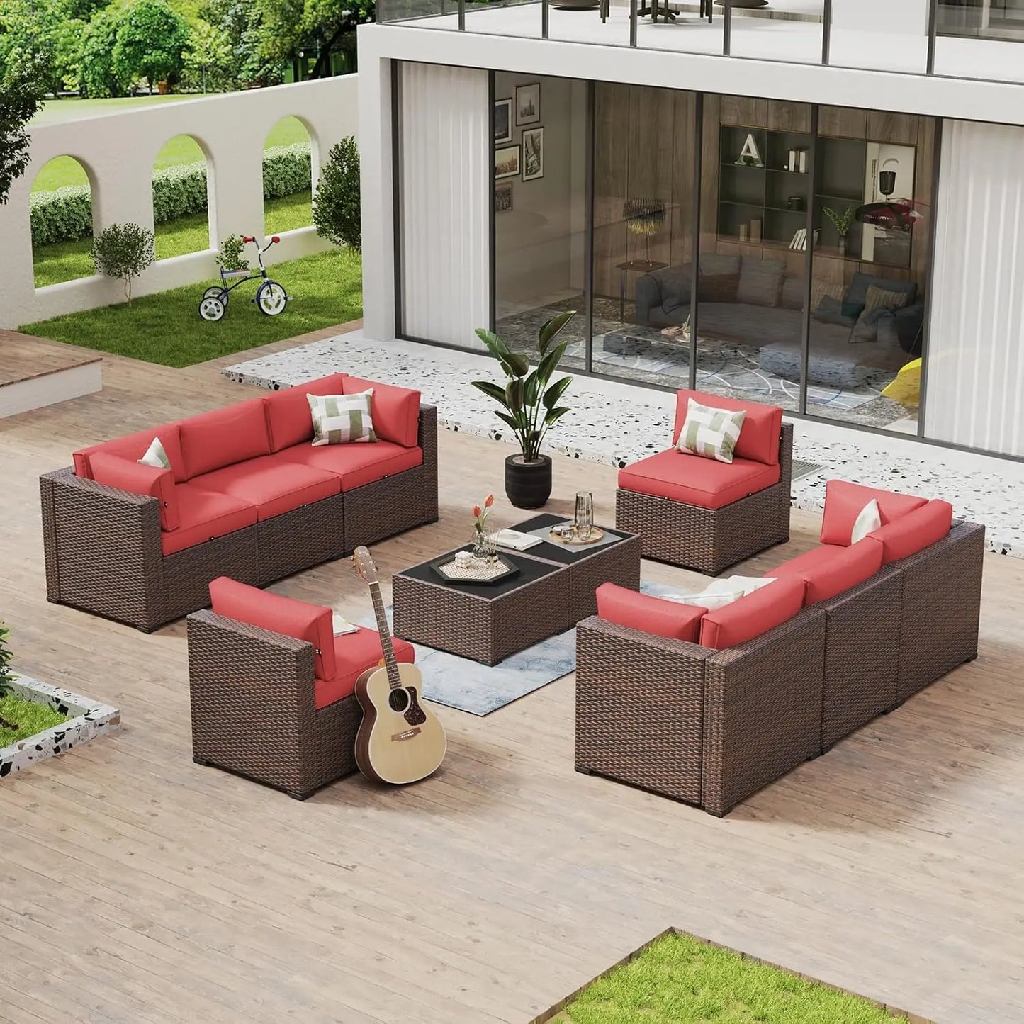 8 Piece Patio Furniture Set with 44” Fire Pit Table Rattan Outdoor Sectional Sofa Set with Coffee Table and Thickened Cushions