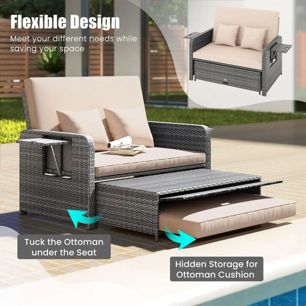 Moccha Outdoor Daybed, Wicker Loveseat Sofa Set with 4Postion Adjustable Backrest, Storage Ottoman, Cushions, Rattan Double Bed