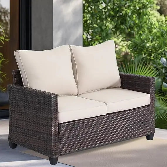 EortheX Outdoor Patio Loveseat,All-Weather Wicker Loveseat with Cushions – Rattan Outdoor 2 Person Sofa Furniture for Garden, Ba