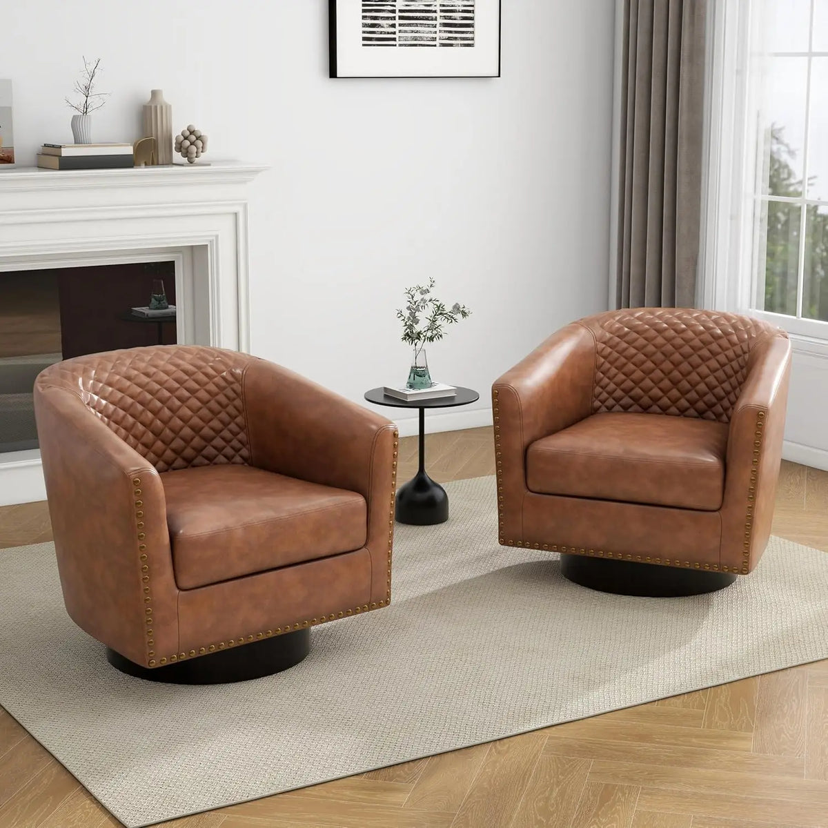 Faux Leather Swivel Barrel Accent Chairs Set of 2, Upholstered Armchair Club Chair for Living Room, Round Comfy Single Sofa Bedr