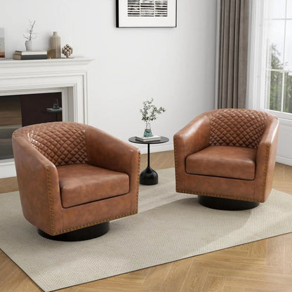 Faux Leather Swivel Barrel Accent Chairs Set of 2, Upholstered Armchair Club Chair for Living Room, Round Comfy Single Sofa Bedr