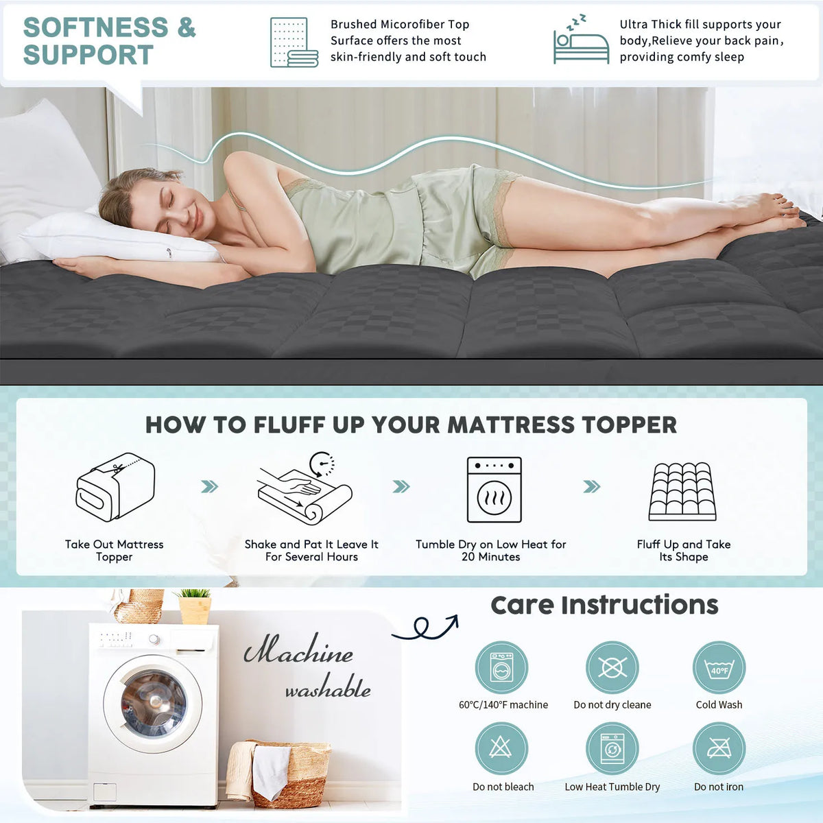 Extra Thick Mattress Topper for Back Pain Relief, Plush Mattress Pad, Soft Pillowtop Bed Toppers Ideal for Comfort and Support