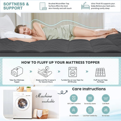 Extra Thick Mattress Topper for Back Pain Relief, Plush Mattress Pad, Soft Pillowtop Bed Toppers Ideal for Comfort and Support