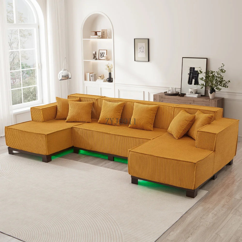 Modern U-Shaped Sectional Sofa 130" Sectional Sofa Upholstered Sofa with RGB LED Light Strip and 6 Pillows for Living Room