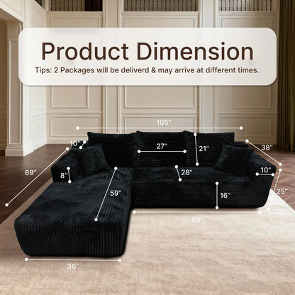105" Boneless Cloud Couch for Living Room, Modular Sectional Sofa with Chaise, 4-Seater L-Shaped Sofa with Corduroy Fabric, No A