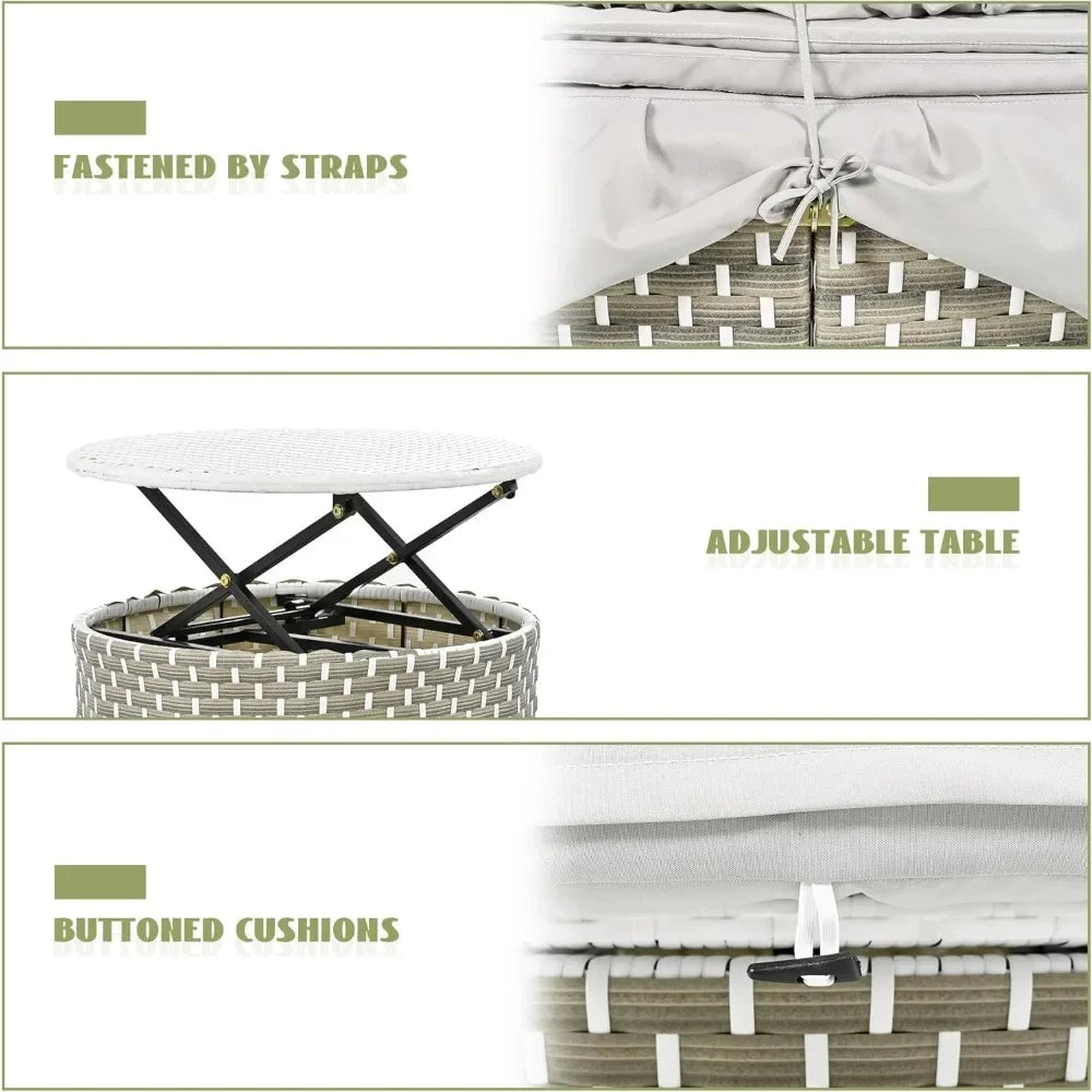 %a Patio Rattan Sunbed with Retractable Canopy, Round Outdoor Sectional Sofa Set with Separate Seating,liftable Table and Remov