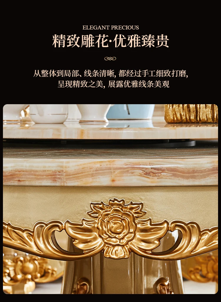European dining table marble surface full solid wood carving flower home table and chair combination