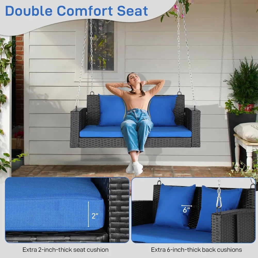 Porch Swing 2 Person Hanging Bench, Wicker Outdoor Swing Bench with Cushion and Pillow for Patio, Yard, Garden Hold Up to 800 l