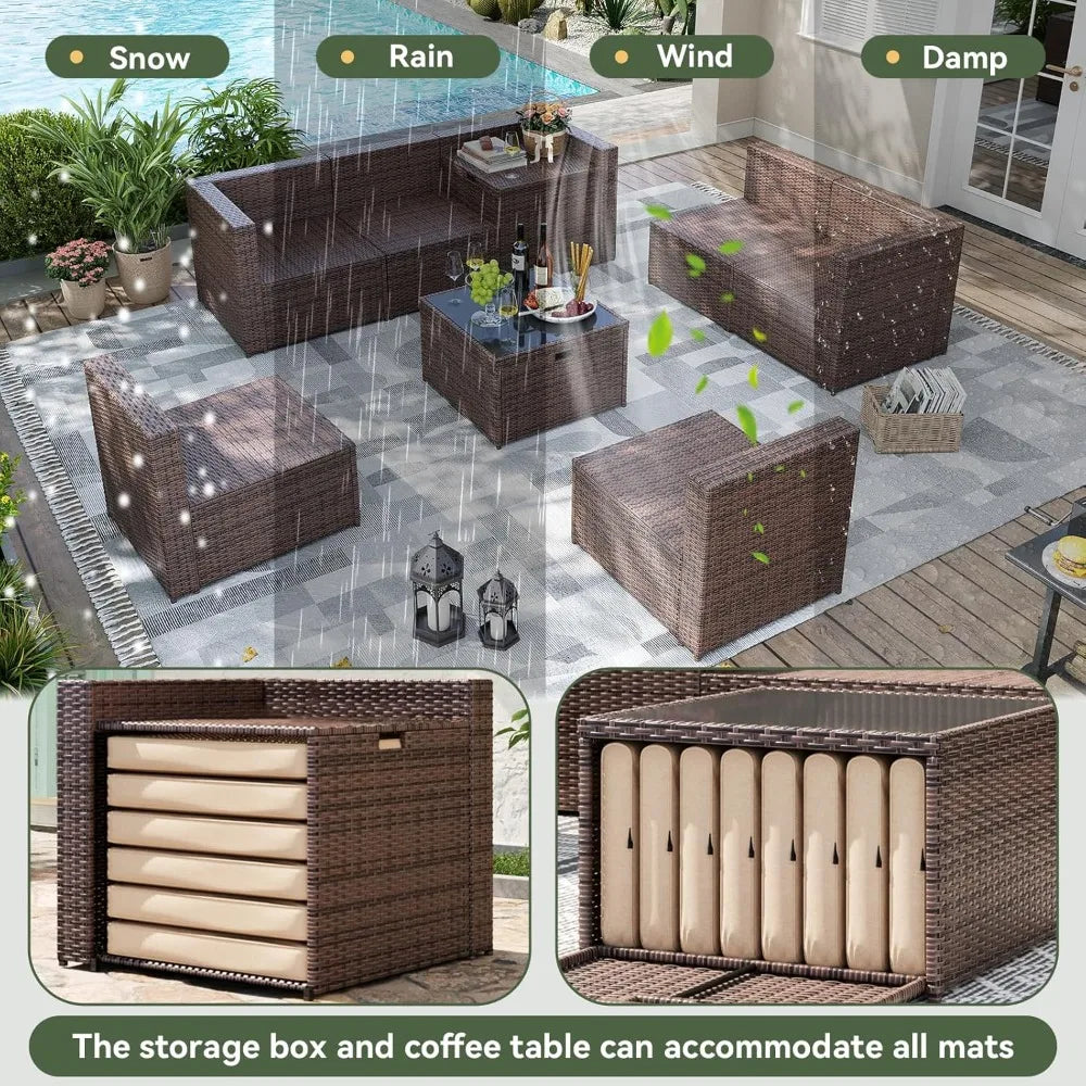 8 Piece Patio Furniture Set, Wicker Outdoor Furniture Set with Storage Box and Glass Top Table, Patio Sectional Set with Thicke