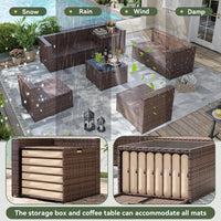 8 Piece Patio Furniture Set, Wicker Outdoor Furniture Set with Storage Box and Glass Top Table, Patio Sectional Set with Thicke