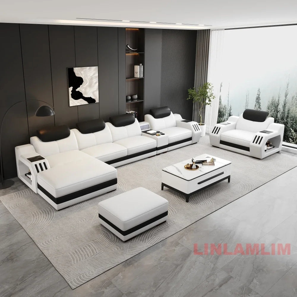 Modern Genuine Leather Massage Sectional Sofa Bed with Adjustable Headrests & LED Lights, Recliner Couch Set with Storage & USB