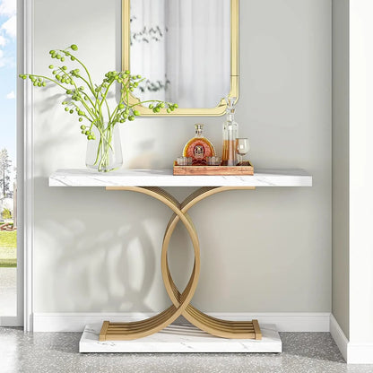 Tribesigns Gold Entryway Table, Modern 39-Inch Console Faux Marble Narrow Wood Sofa with Geometric Metal Legs