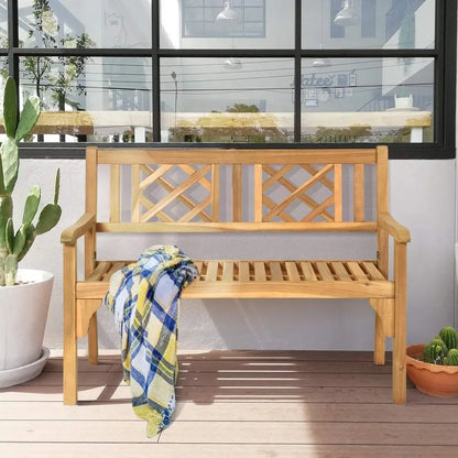Acacia Wood Outdoor Loveseat Bench, Curved Back & Armrests, 705 lbs, Ideal for Garden, Patio, Park, Porch, Balcony