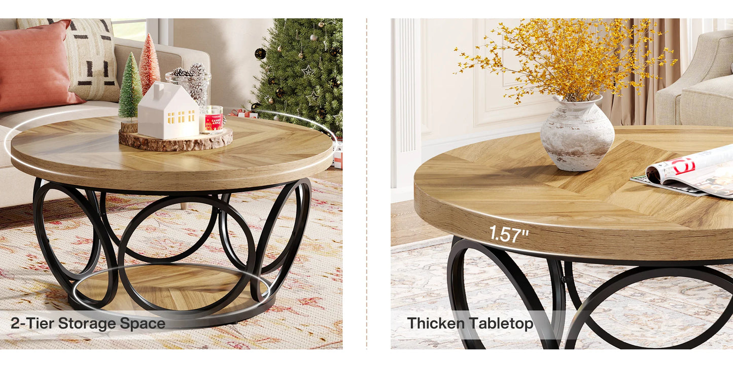 Tribesigns 31.7" Round Coffee Table, Industrial 2-Tier Circle Coffee Table with Storage Shelves, Modern Wooden Sofa Side Table