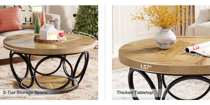 Tribesigns 31.7" Round Coffee Table, Industrial 2-Tier Circle Coffee Table with Storage Shelves, Modern Wooden Sofa Side Table