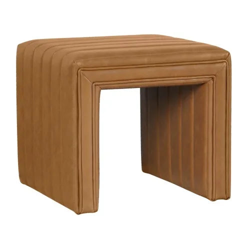 Footstool Ottoman, Channel Tuft Caramel Brown Faux Leather 19 Inch