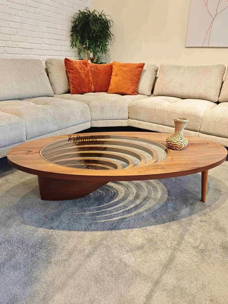 Table basse moderne en bois massif pour petit appartement, table à thé ovale de luxe haut de gamme pour salon