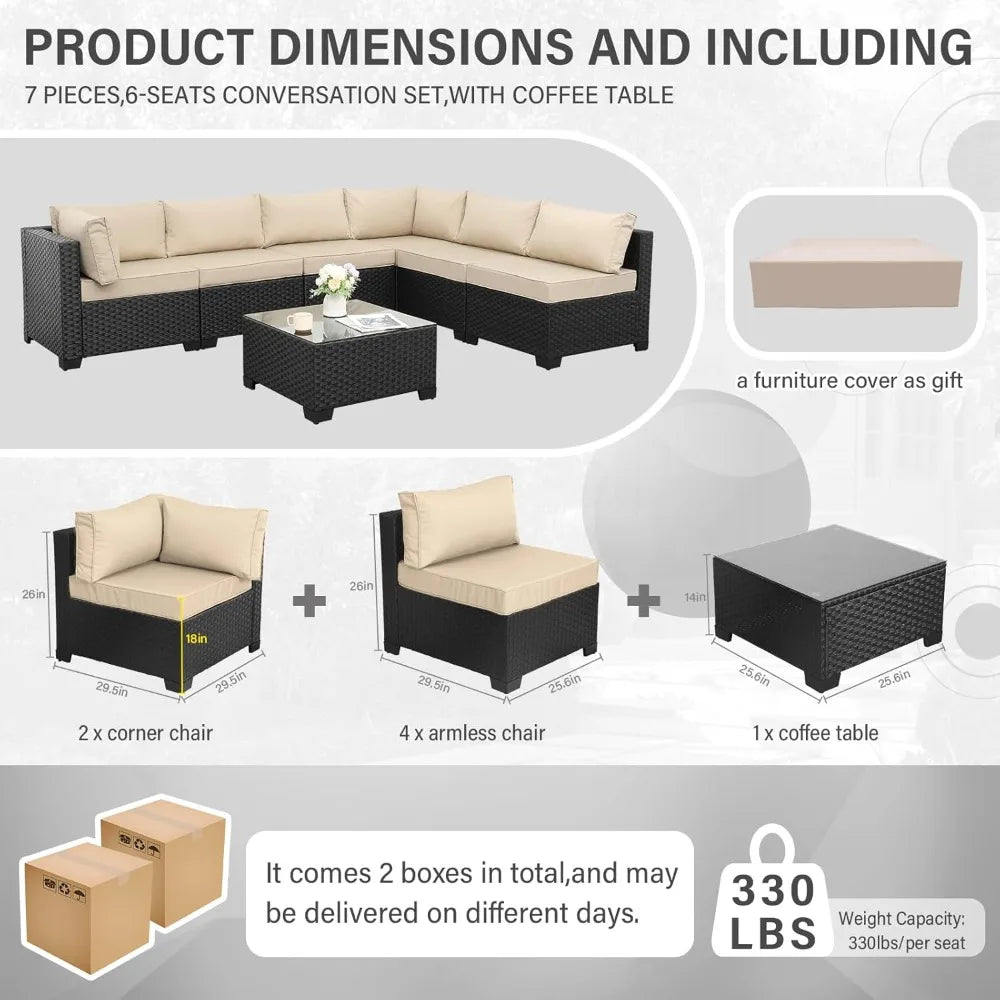 7-Piece Outdoor PE Wicker Furniture Set: Black Rattan Patio Sectional Sofa with Washable Khaki Cushions