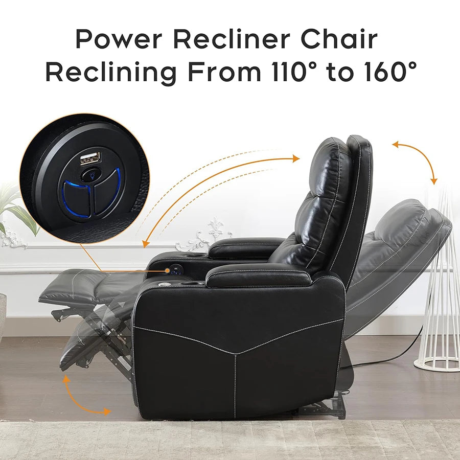 Power Recliner Chair With LED Light, USB Port, Cup Holder Tray Table Faux Leather Electric Reclining Chair Home Theater Seating