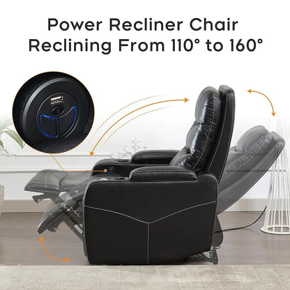 Power Recliner Chair With LED Light, USB Port, Cup Holder Tray Table Faux Leather Electric Reclining Chair Home Theater Seating