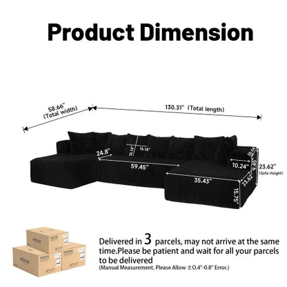 Modular U-Shaped Sectional Sofa,Striped Corduroy Fabric in BLACK – Living Room or Bedroom Couch, Freely Configurable Layout.