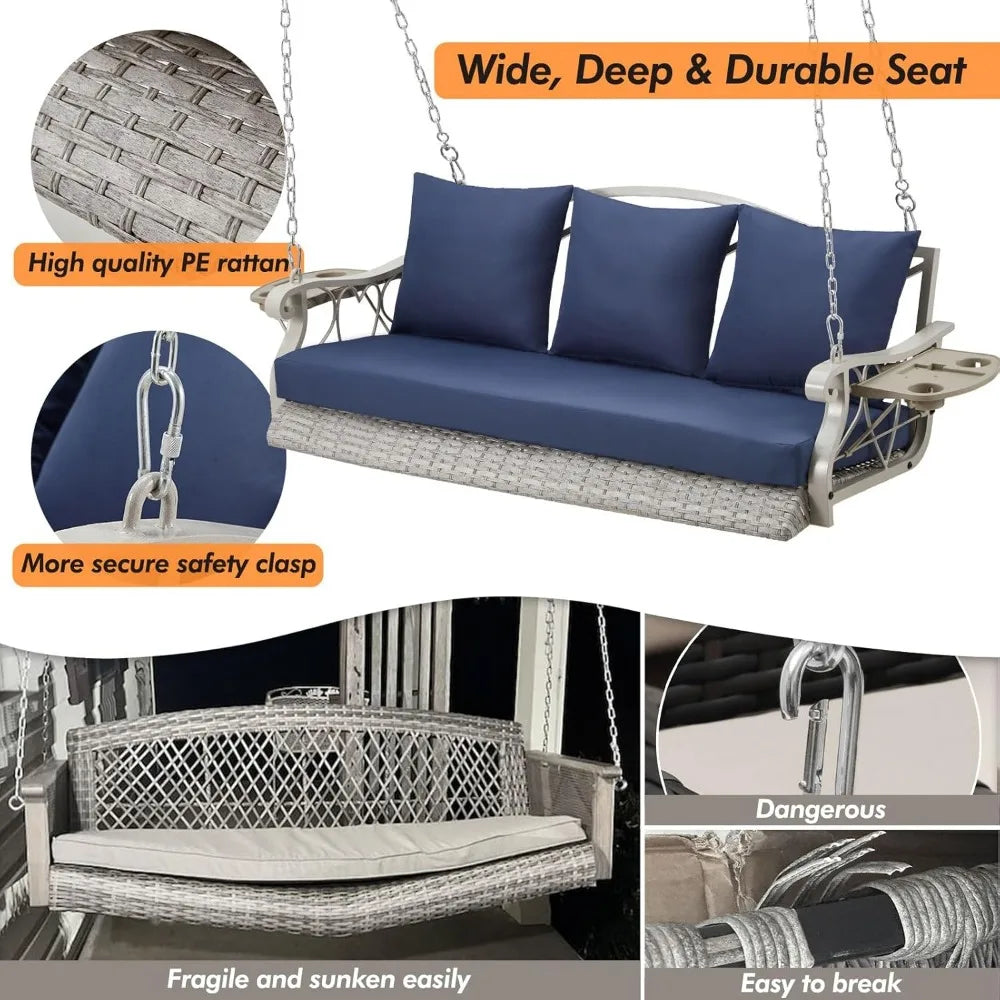 3-Person Heavy Duty Porch Swing Chair Outdoor Wicker Lounge with Cup Holder and Steel Chains, 900 LB Capacity