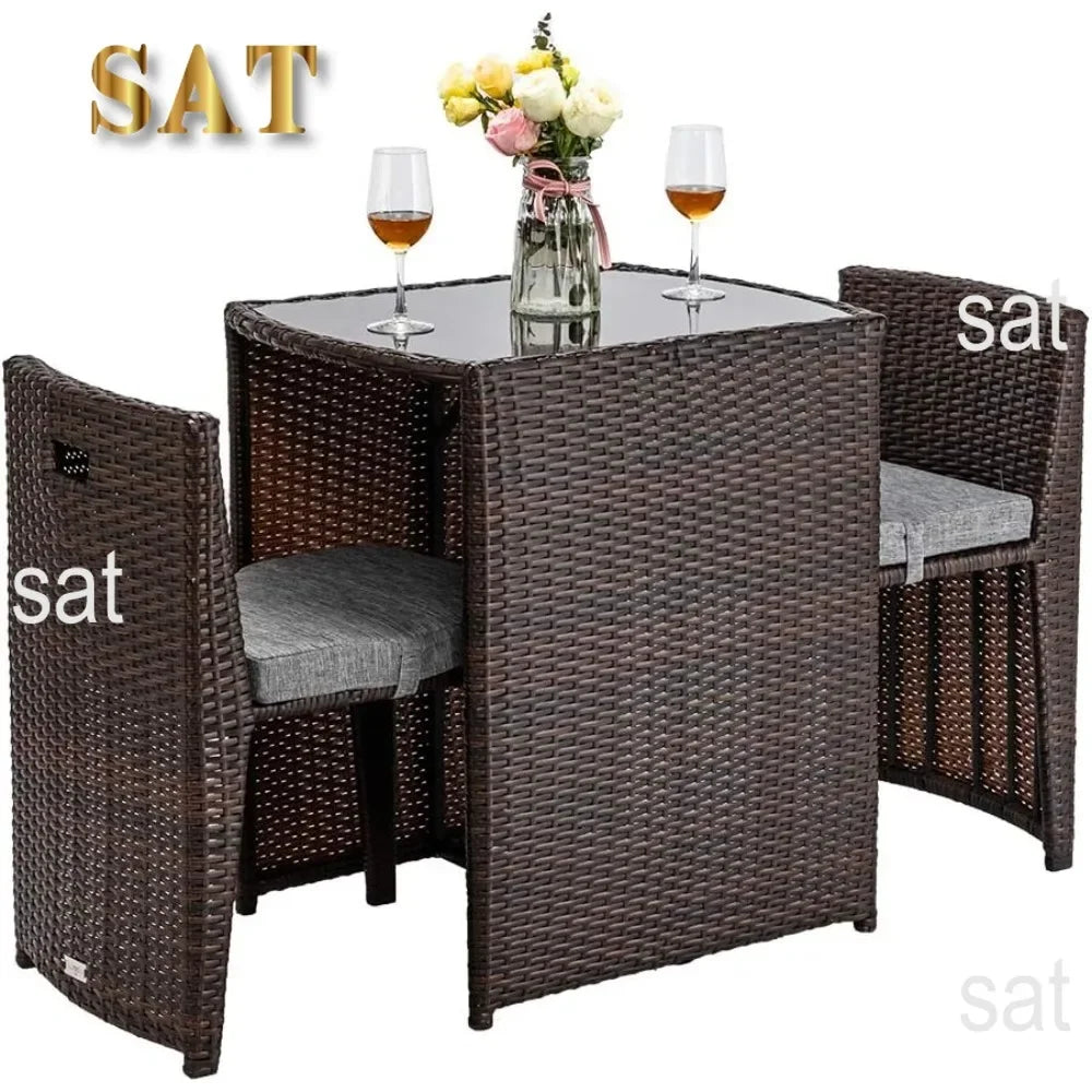 t Bonnlo 3 PCS Wicker Outdoor Patio Bistro Set, Patio Furniture Set for Small Space with Glass Top Table Dining Chairs, Balcony