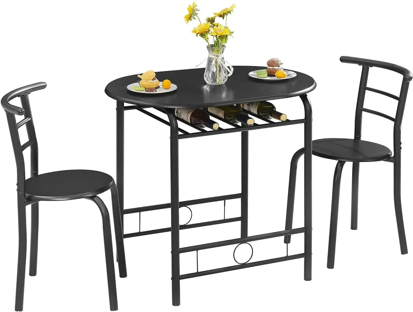 3 Piece Wood Round Table & Chair Set for Dining Room Kitchen Bar Breakfast, with Wine Storage Rack, Space Saving