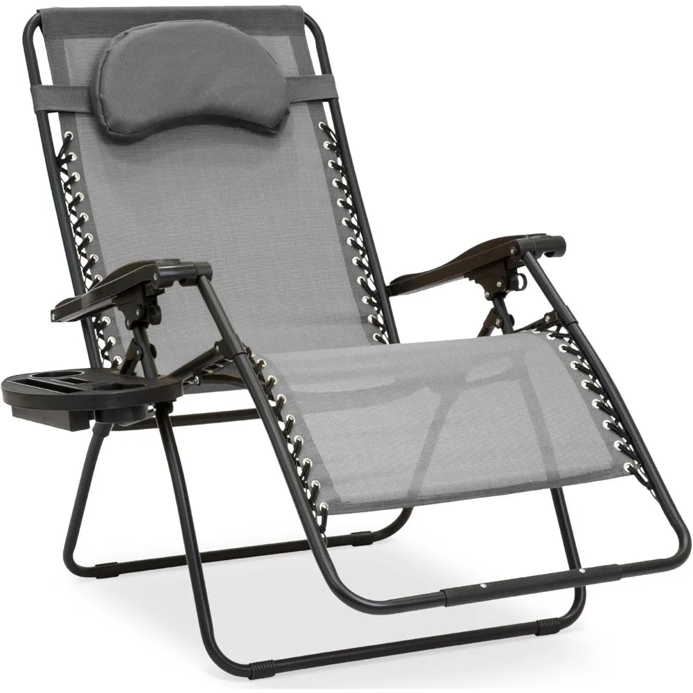Oversized Zero Gravity Chair, Folding Outdoor Patio Lounge Recliner w/Cup Holder Accessory Tray, Pillow - Gray