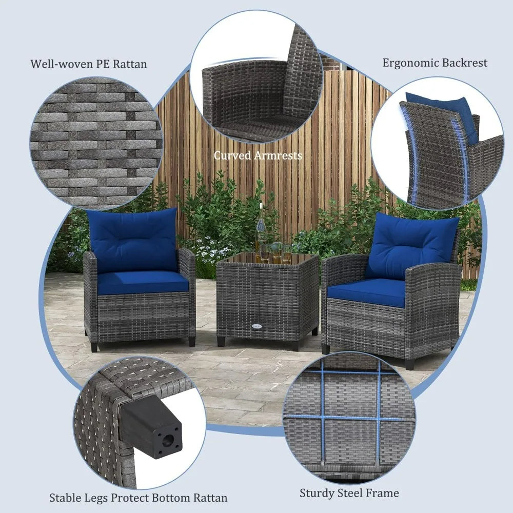 3 Piece Outdoor Patio Furniture Set PE Rattan Conversation Chairs with Washable Cushions Tempered Glass Table Top for Garden