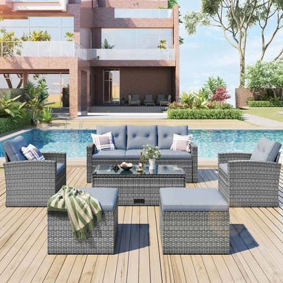 6-Piece All-Weather Wicker PE Rattan Outdoor Patio Dining Sectional Set with Coffee Table and Sofa
