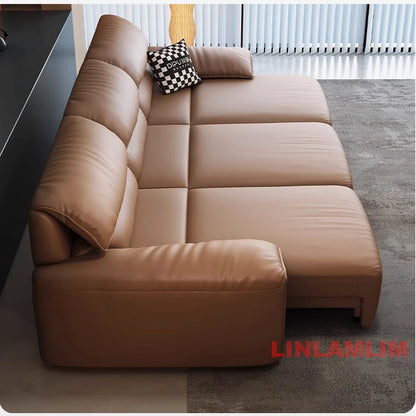 Modern Convertible Genuine Leather Sofa Bed – Multi-functional Electric Sleeper Couch with Adjustable Seats & Wide Chaise Lounge