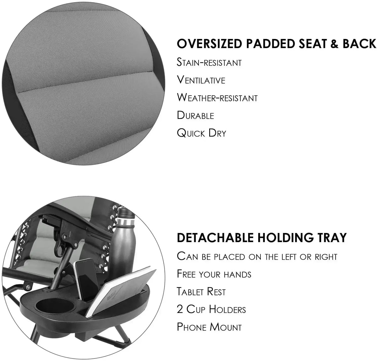 160kg Outdoor Folding Lounge Chair  Patio Chaise Lounge Recliner Adjustable Headrest &Cup Holder Outside Reclining