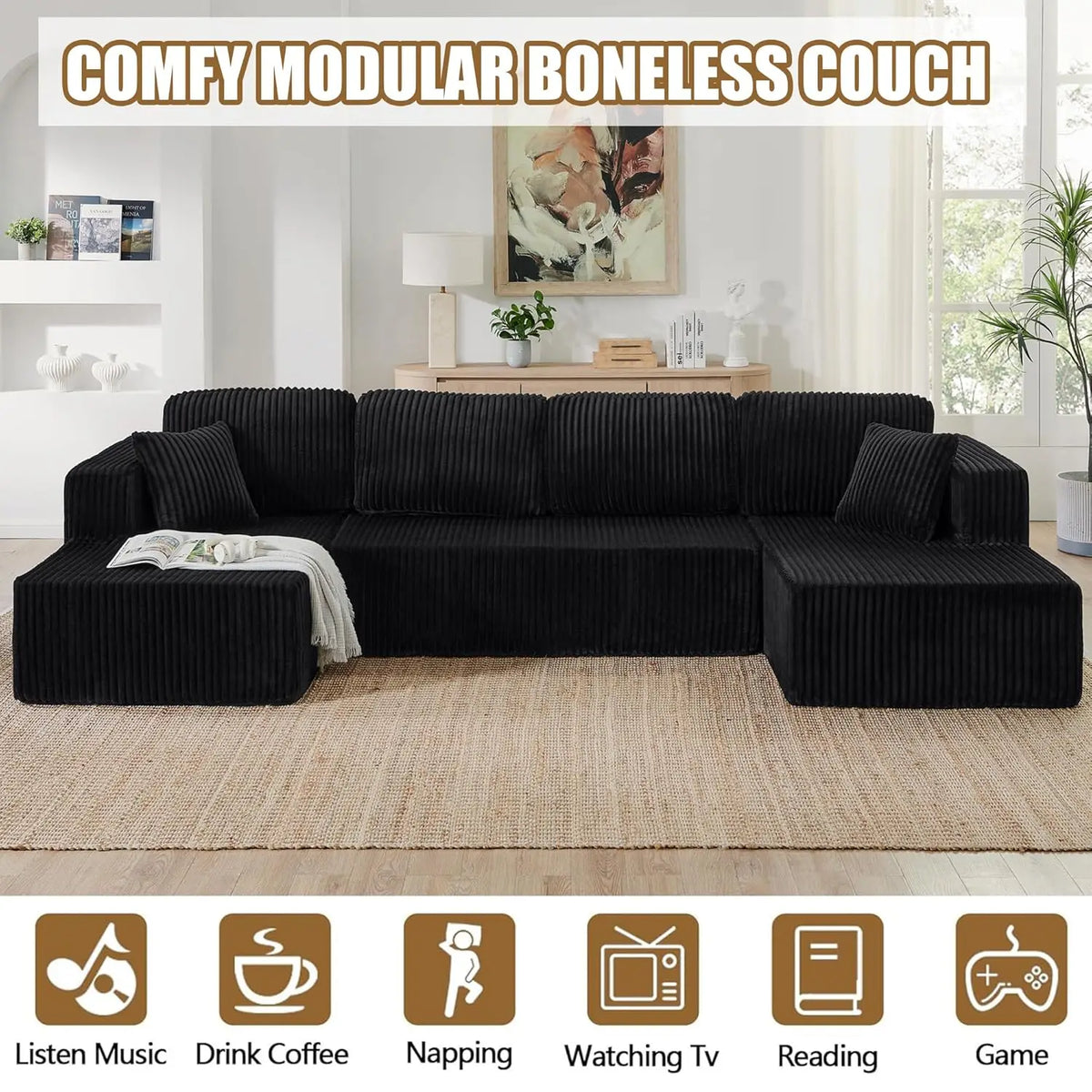 Modern Minimalist Sectional Sofa: L-Shape Cloud Couch with Deep Seats Right Chaise - Black