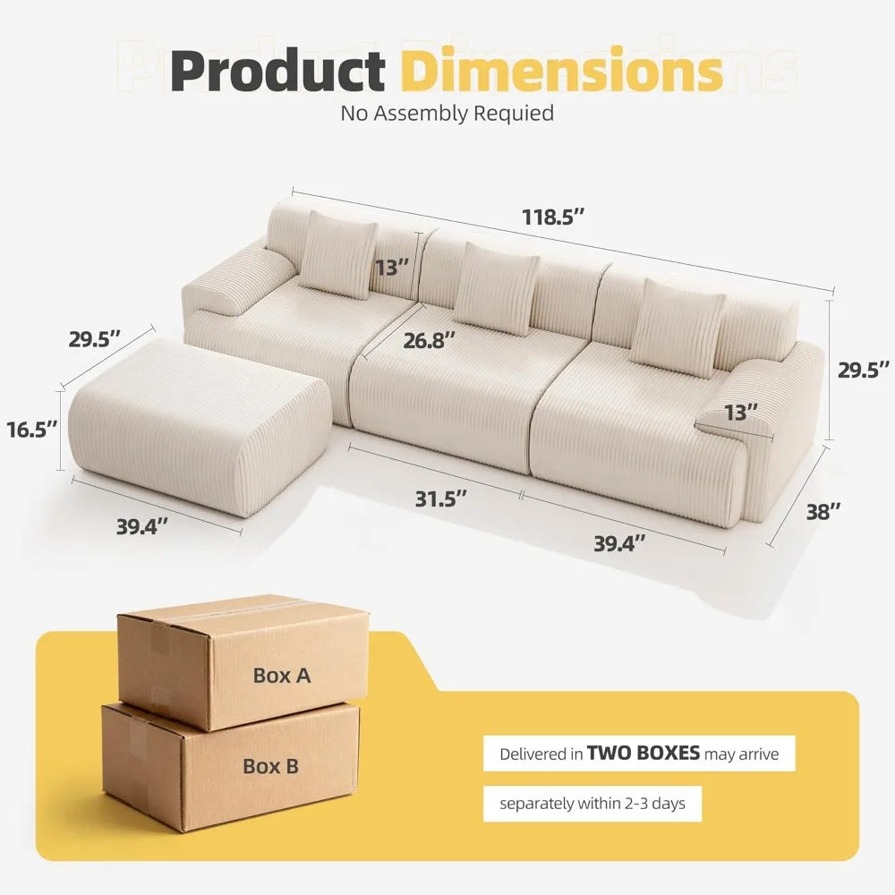 118" Modern L Shaped Modular Sectional Sofa, Boneless Cloud Couch with Ottoman, Oversized Corduroy Couch Deep Seat, 30D Sponge