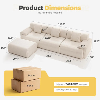 118" Modern L Shaped Modular Sectional Sofa, Boneless Cloud Couch with Ottoman, Oversized Corduroy Couch Deep Seat, 30D Sponge