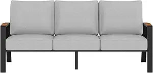 Outdoor Couch Aluminum Patio Furniture Set, All-Weather Metal 3-Seat Sofa with Solid Teak Armrest and Thick Cushions, Green