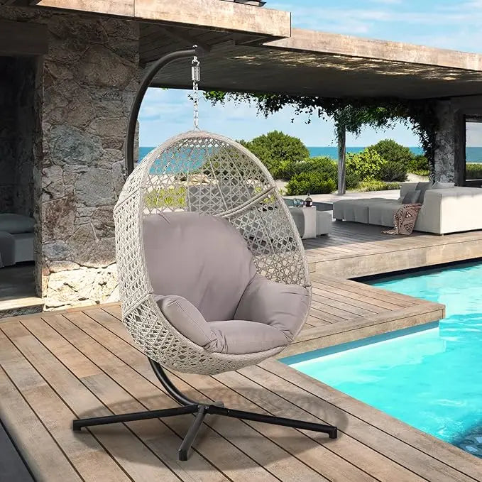 Indoor Outdoor Hammock Egg Chair with Stand Large Hanging Chair Wicker Rattan Swing Chair with Removable Cushion  Capacity