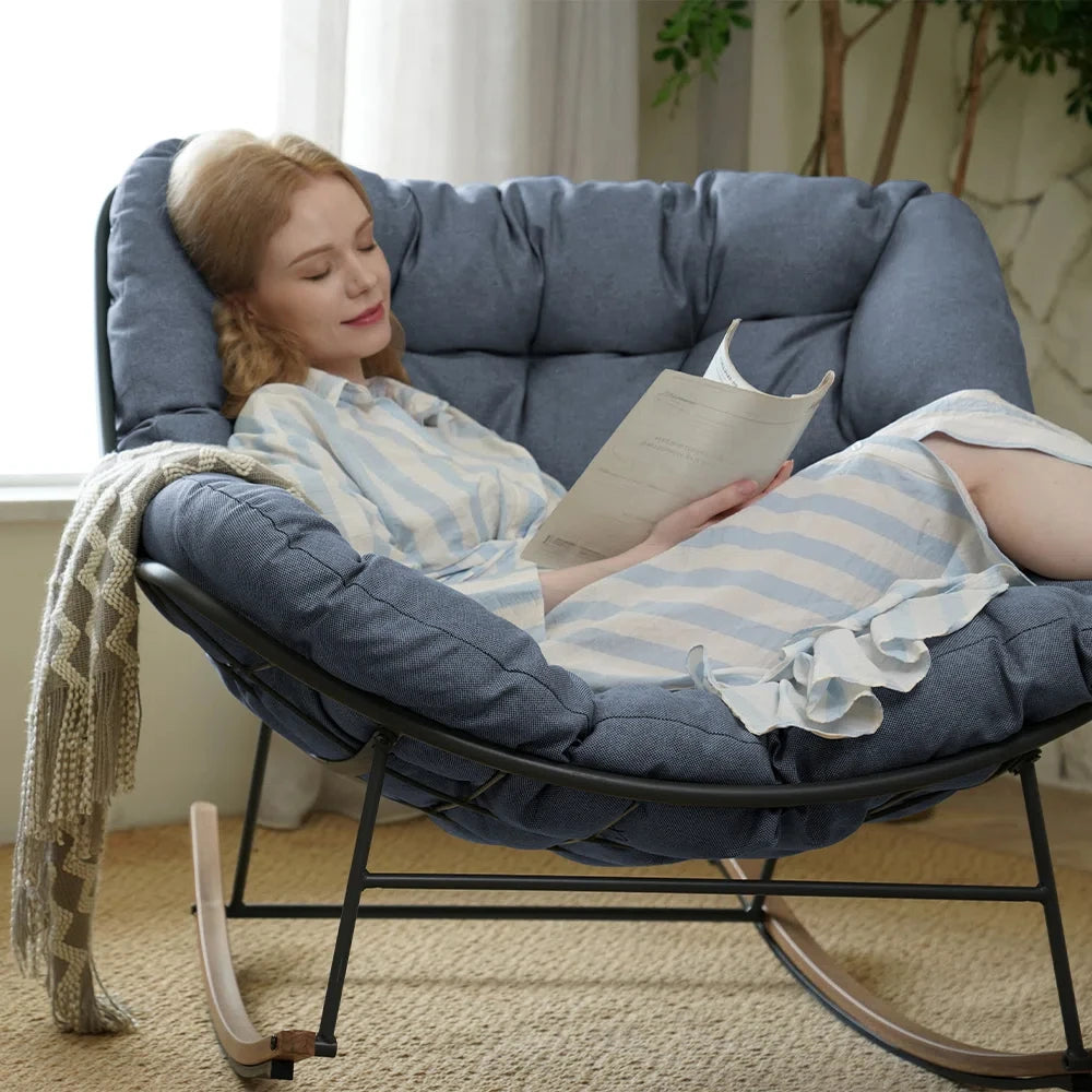 Outdoor Rocking Chair , E-Coated Papasan Rocking Chair with Cushion, Oversized Recliner Rocker for Patio Porch Garden