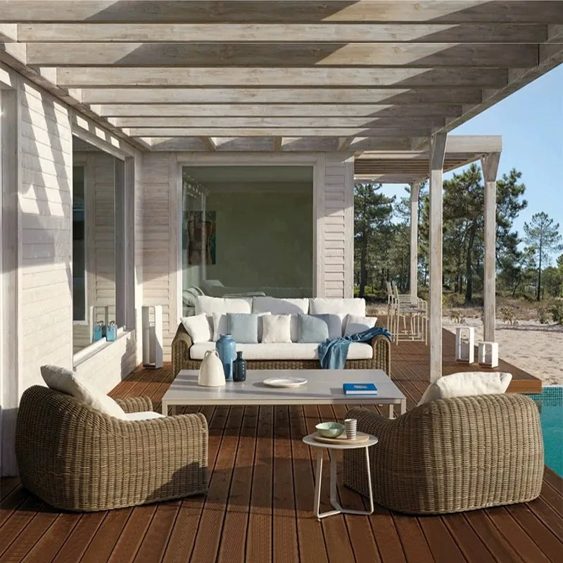 Outdoor rattan sofa waterproof sunscreen patio balcony garden rattan chair outdoor open-air leisure rattan sofa