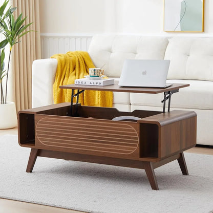 Small Lift Top Coffee Table with Hidden Compartment, Mid Century Modern Curved Coffee Table with Storage Shelf, Wooden Rectangle