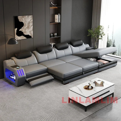 NEW Modern L-Shaped Sectional Sofa Bed with Adjustable Headrests & LED Lights, Genuine Leather Recliner Couch with Storage & USB