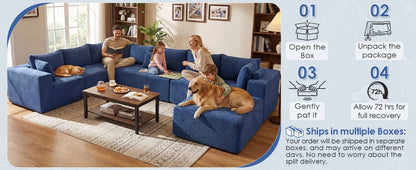Redlife 107" Boneless Couch with Ottoman, 6 Seat Modular Sectional Sofa,Blue Corduroy Upholstery,28" Deep Seat,Removable Covers