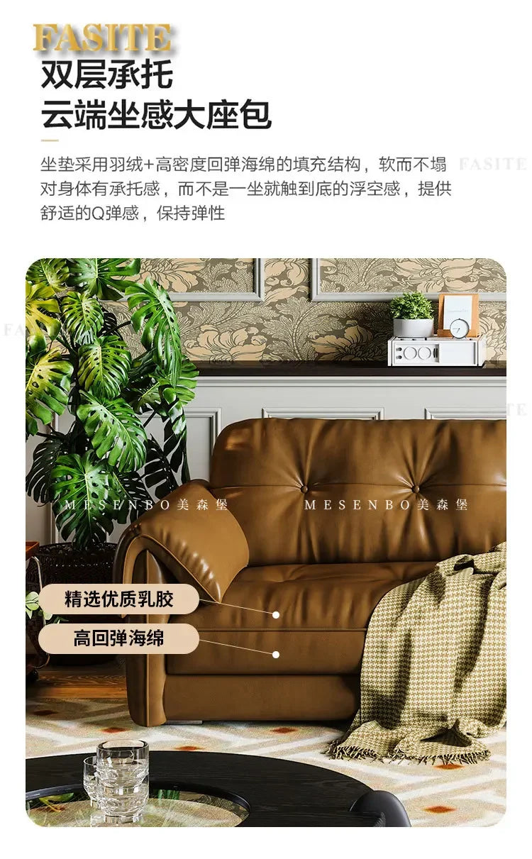 Oil wax leather sofa, French retro style, large and small apartment, living room straight combination