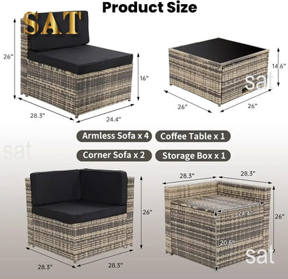 --8 Pieces Outdoor Wicker Rattan Patio Furniture Sectional Set, Glass Top Table with Hidden Storage, Oversized Cushions.sofa Bed