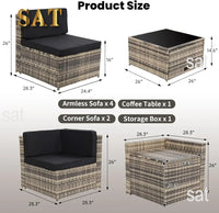 --8 Pieces Outdoor Wicker Rattan Patio Furniture Sectional Set, Glass Top Table with Hidden Storage, Oversized Cushions.sofa Bed