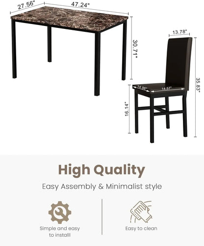 Modern Kitchen & Dining Room Sets Faux Marble Table with 4 Leather Chairs for Small Space, Home Kitchen, Apartment, Brown